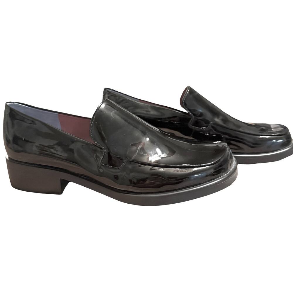 Franco Sarto Bocca Black Patent Leather Block Heel Slip On Loafers Shoes sz 8.5